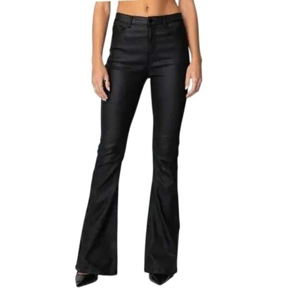 Edikted Womens M Luna Y2K Black Faux Leather Flare Pants